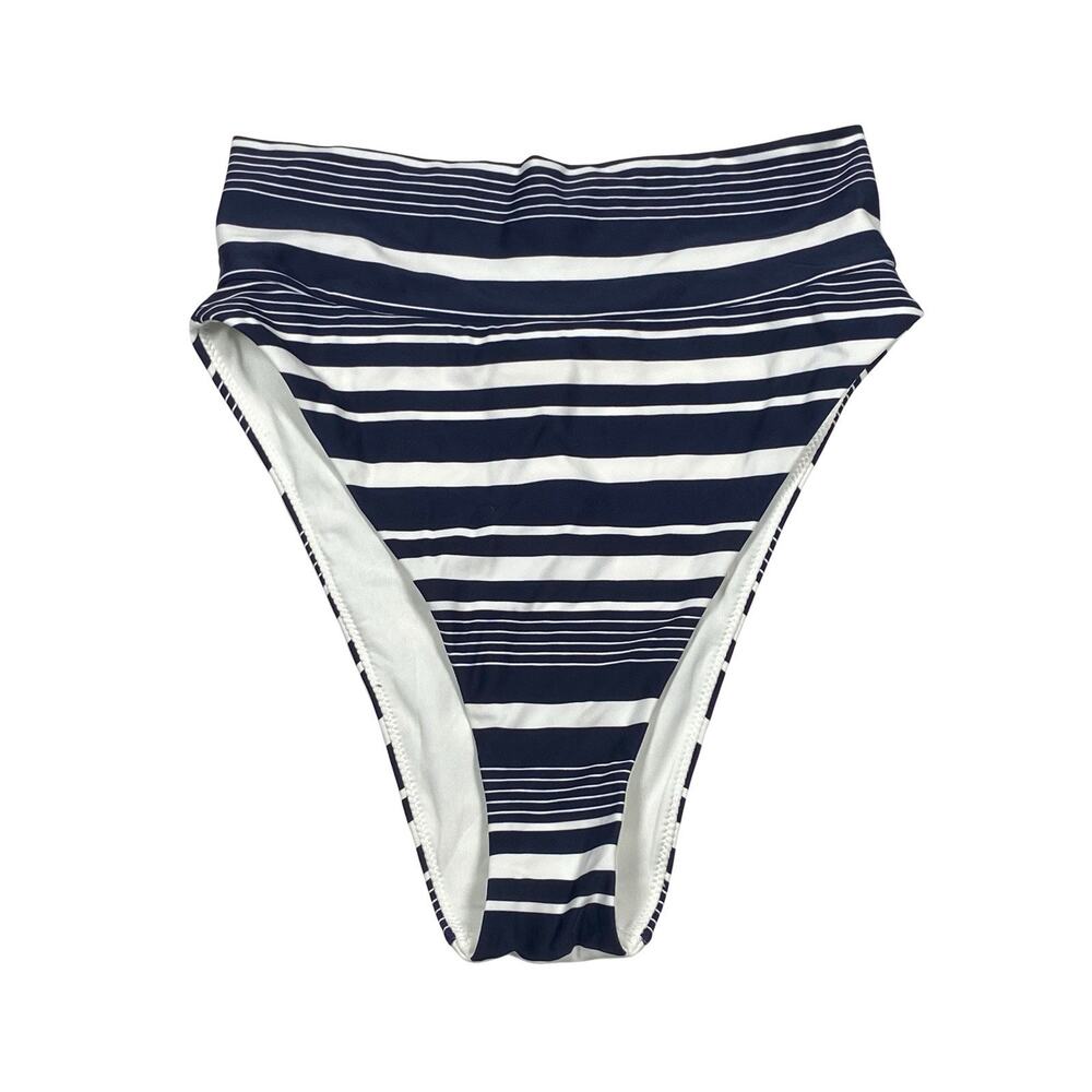 Aerie High Cut Cheeky Bikini Bottom Women's Size Small Royal Navy Striped Sample
